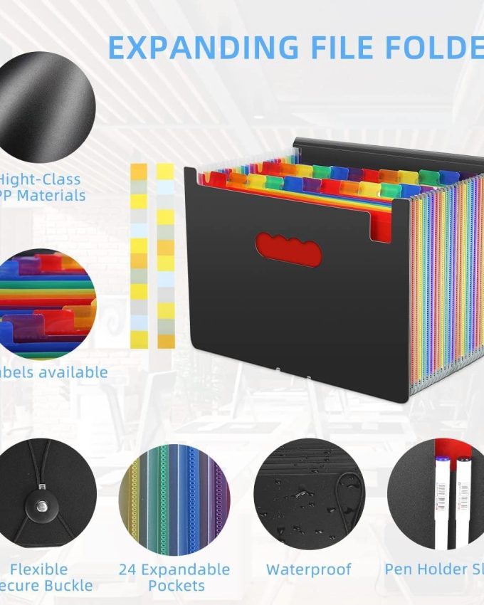 24 Pockets Expanding File Folder,Accordion File Organizer,Document Organizer Letter Size,Expandable Filing Box,Special Designed for Portable Use,Accordian Folders,Plastic (Rainbow)