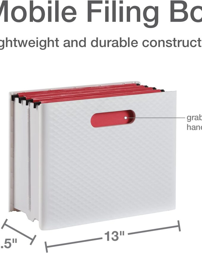 Mobile File Box with Handles, Easy Set Up, Collapse Down and Store Away, 13" W x 10" H x 6.5" D, Holds Letter Size Files, White (126119)