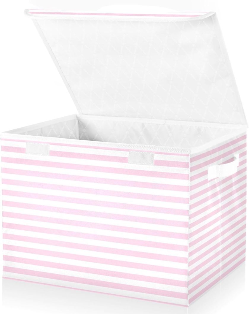 Pink White Stripes Fabric Large Storage Boxes with Handles, Foldable Storage Bin with Lid for Shelves Closet Home Bedroom Office., style