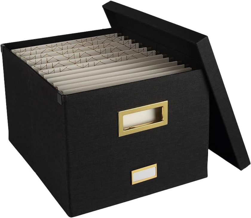 Hanging File Box with Lid - Black Document Organizer for Letter & Legal Size Paperwork