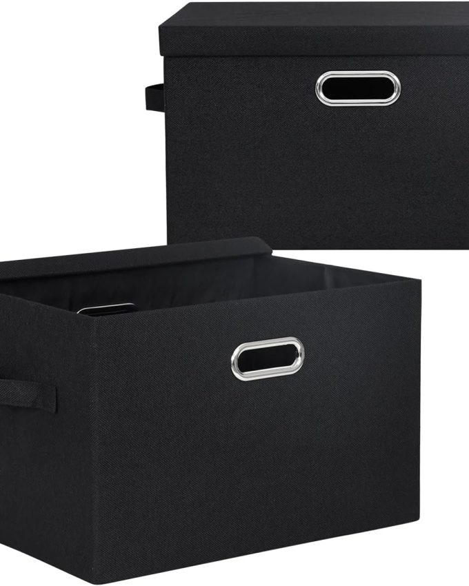 2-Pack Storage Bins with Lid, 16.6x12.3x11.1 Inch Fabric Cube Bins Organizer Basket Foldable Storage Box Containers with Handles for Closet Shelf Home Office Utility Room - Black