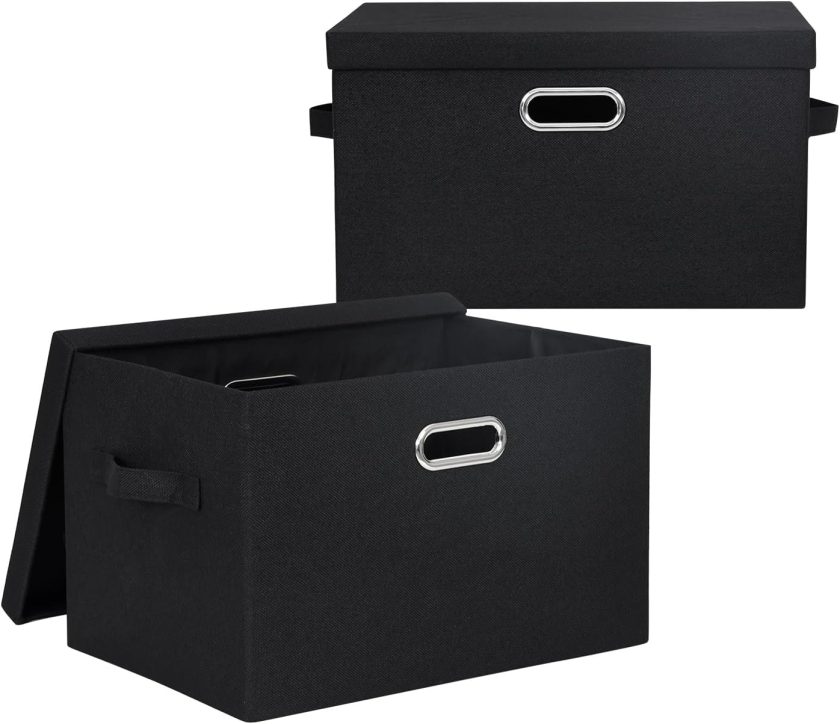 2-Pack Storage Bins with Lid, 16.6x12.3x11.1 Inch Fabric Cube Bins Organizer Basket Foldable Storage Box Containers with Handles for Closet Shelf Home Office Utility Room - Black - Image 2