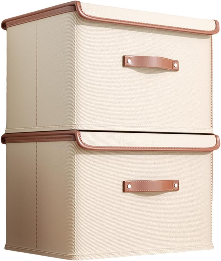 2 Pack Fabric Storage Bins with Lids, Collapsible Storage Boxes for Clothing, Closet Organizers for Organizing Clothes, Books, File, White