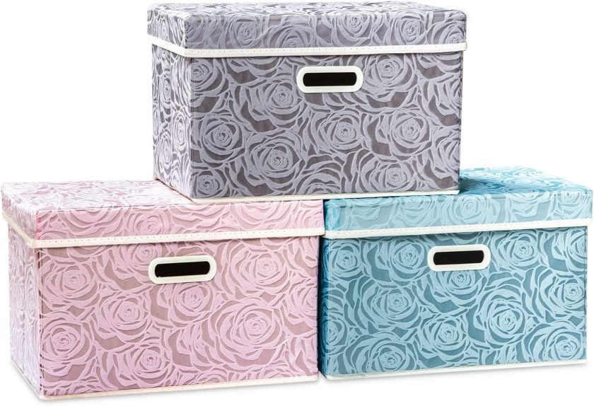 Larger Collapsible Storage Cubes with Lids Fabric Decorative Storage Bins Boxes Organizer Containers Baskets with Cover Handles for Bedroom Closet Living Room 17.7x11.8x11.8 Inch 3 Pack