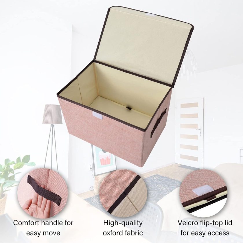 Linen Fabric Foldable Storage Cube Bin Organizer Basket with Flip-Top Lid & Handles, Large Clothes Blanket Box for Home, Office, Closet, Pink, 4 Pack 14.6 x 9.5 x 9.5” - Image 2