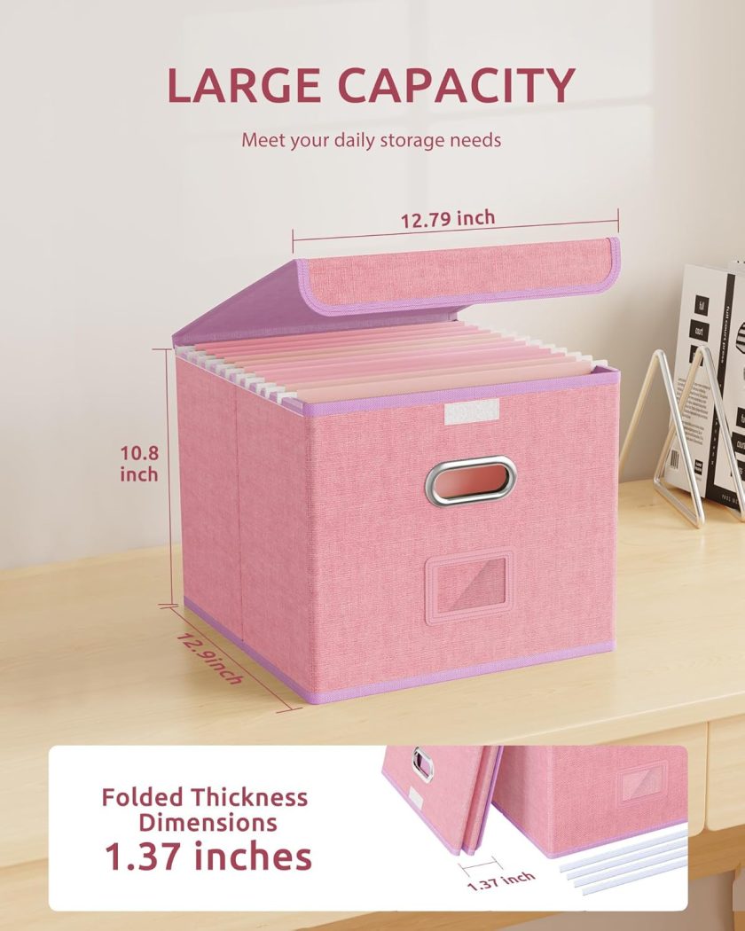 Collapsible File Organizer Box for Office/Decor/Home - Pink, Small, Portable - Image 2