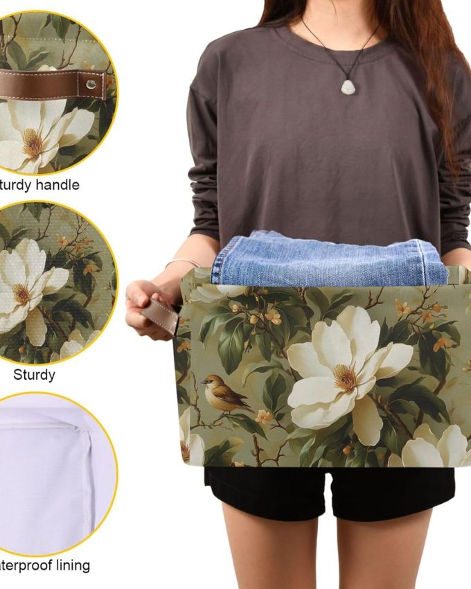 Magnolia Flowers Pattern Storage Basket Large Foldable Canvas Storage Bin with Handle Rectangular Decorative File Box Fabric Boxes for Shelf Closet, 1 Pack