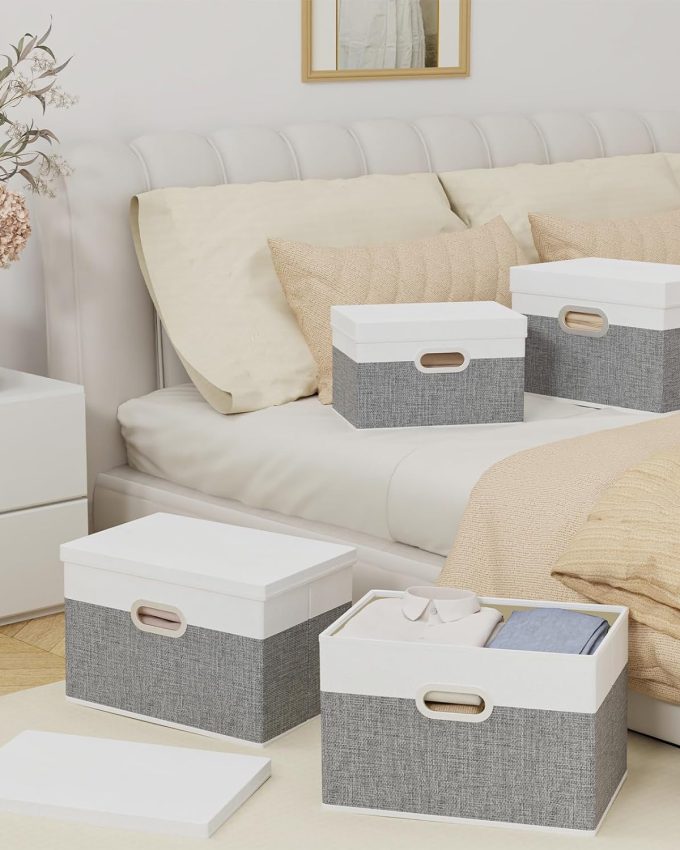 Storage Bins with Lids, Fabric Foldable Boxes with 2 Metal Handles, Waterproof Basket, Closet Organizers, White/Gray, 15''Lx9.8''Wx9.8''H, 5-Pack