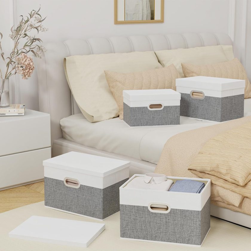 Storage Bins with Lids, Fabric Foldable Boxes with 2 Metal Handles, Waterproof Basket, Closet Organizers, White/Gray, 15''Lx9.8''Wx9.8''H, 5-Pack - Image 2