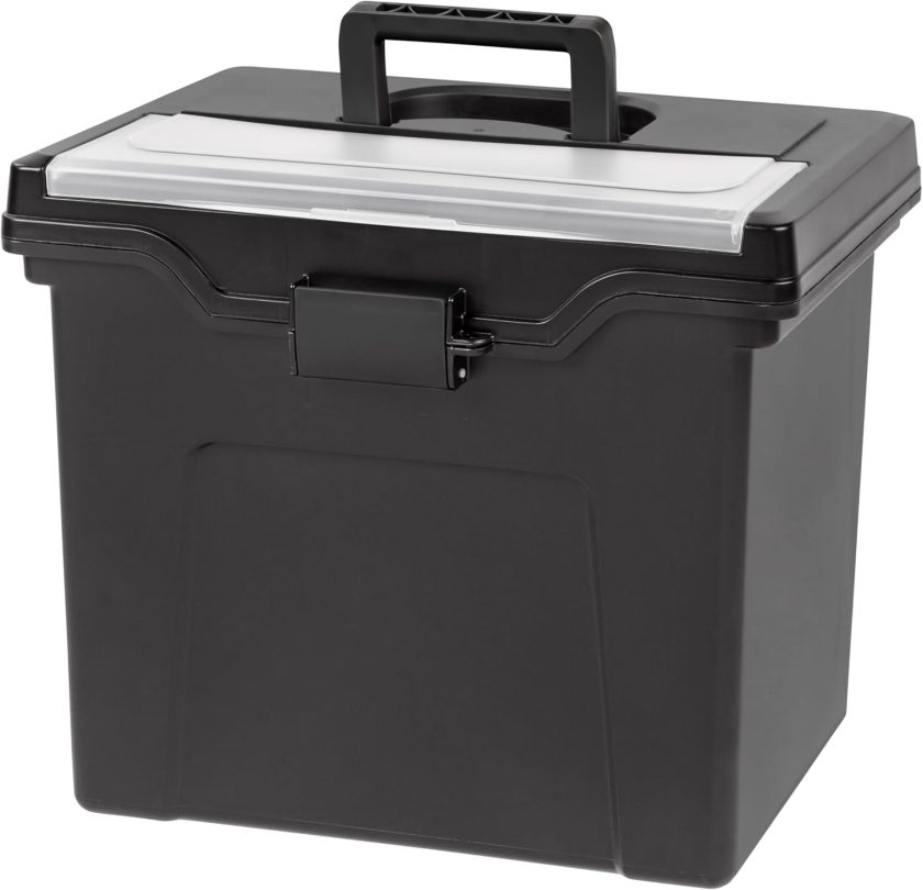File Box with Lid File Organizer for Letter File w/ Organizer-Lid, Plastic Mobile Filing Organizer, Water Resistant Document Box, Portable File Box with Handle, Secure Buckle, Lockable, Black