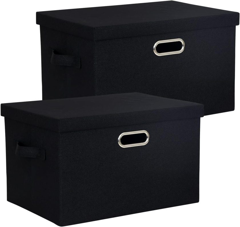 2-Pack Storage Bins with Lid, 16.6x12.3x11.1 Inch Fabric Cube Bins Organizer Basket Foldable Storage Box Containers with Handles for Closet Shelf Home Office Utility Room - Black