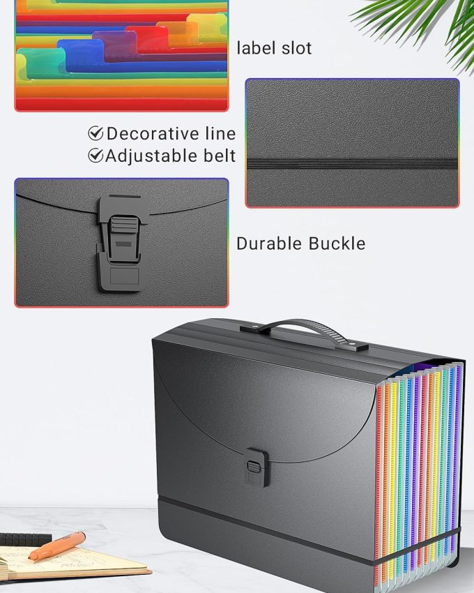 Expanding File Folder/Accordion File Organizer/Portable File Box with 13 Pockets, Filing Folders with Handle,Perfect for Both Standing and Carrying,A4/Letter Size,Colored Tabs,Black Matte