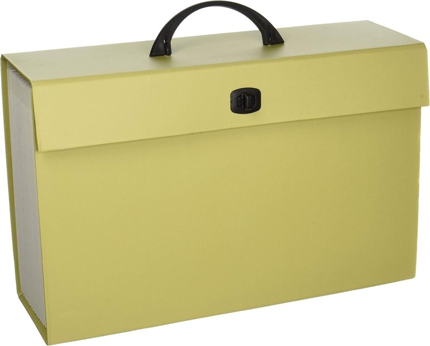 Portable Expanding File Box, 19 Pockets, Blank Tabs, Printed Labels, Latch Closure, Legal Size, Blue