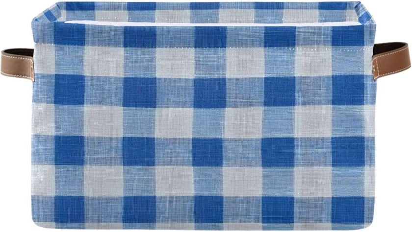 Blue Buffalo Plaid Checked Storage Basket Large Foldable Canvas Storage Bin with Handle Rectangular Decorative File Box Fabric Boxes for Shelf Closet, 1 Pack