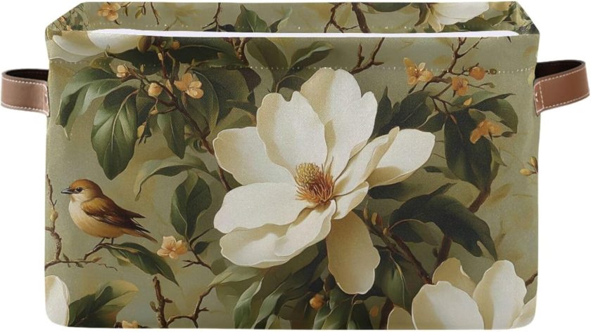 Magnolia Flowers Pattern Storage Basket Large Foldable Canvas Storage Bin with Handle Rectangular Decorative File Box Fabric Boxes for Shelf Closet, 1 Pack