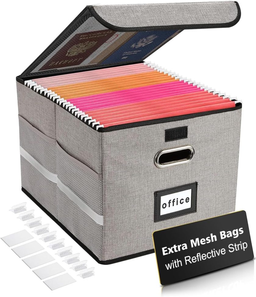Upgraded Portable File Organizer Box with Lid & Mesh Bags, Collapsible File Box with Reflective Strip & 10 Tabs for Hanging Letter/Legal Folder Storage, Decorative Home/Office Filing Cabinet (Gray)