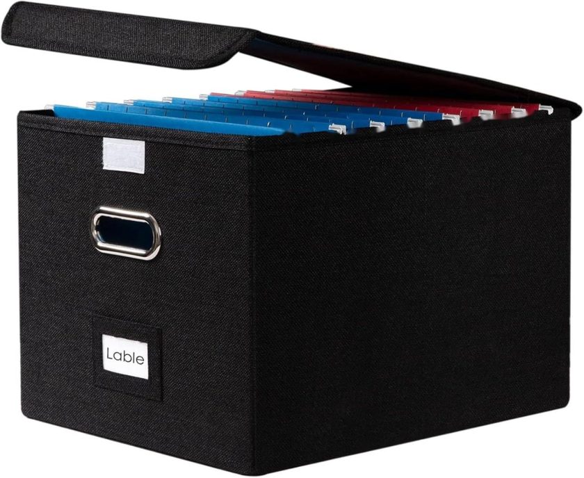 Large Collapsible Linen File Organizer Box with Lid, Portable Document Box for Letter/Legal Folder Storage (1 Pack, Black)