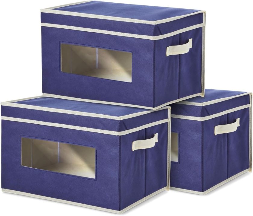 3 Pack Stackable Storage Bins with Lids, Handles, Foldable for Closet Organization (12 Inch, Navy Blue) - Storage Box - Closet Organizer