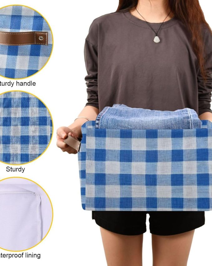 Blue Buffalo Plaid Checked Storage Basket Large Foldable Canvas Storage Bin with Handle Rectangular Decorative File Box Fabric Boxes for Shelf Closet, 1 Pack