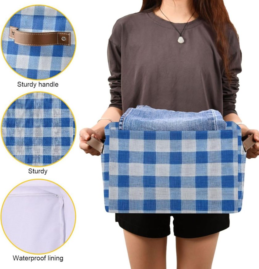 Blue Buffalo Plaid Checked Storage Basket Large Foldable Canvas Storage Bin with Handle Rectangular Decorative File Box Fabric Boxes for Shelf Closet, 1 Pack - Image 2