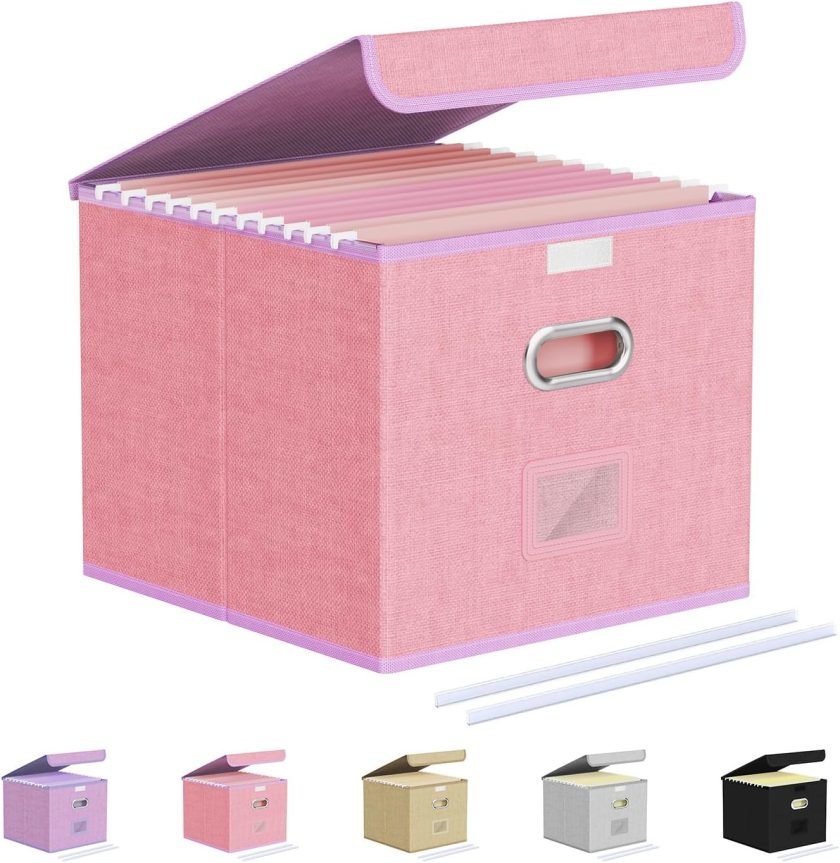 Collapsible File Organizer Box for Office/Decor/Home - Pink, Small, Portable