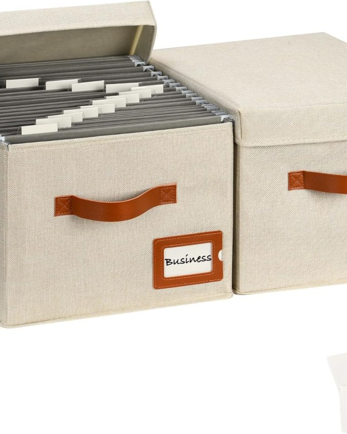 2-Pack File Organizer Box with Lid - Collapsible Hanging Linen Document Organizer Portable File Boxes, Lightweight & Portable Filing Box Crates with Handles & Extras, Ivory