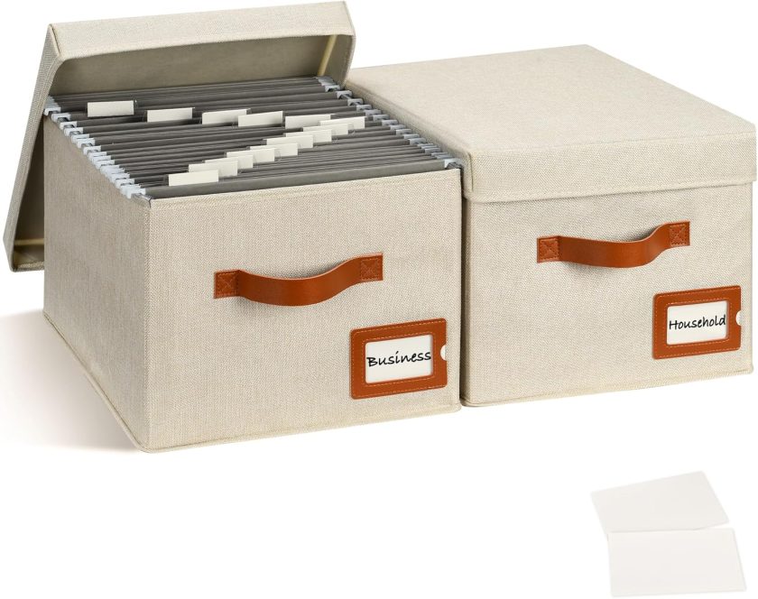 2-Pack File Organizer Box with Lid - Collapsible Hanging Linen Document Organizer Portable File Boxes, Lightweight & Portable Filing Box Crates with Handles & Extras, Ivory - Image 2