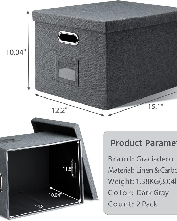 File Organizer, Collapsible Storage Filling Box with Lid for Letter Legal Size Hanging Folders Decorative Linen File Folder Box Document Storage Filing Bin, Dark Gray 2 Pack
