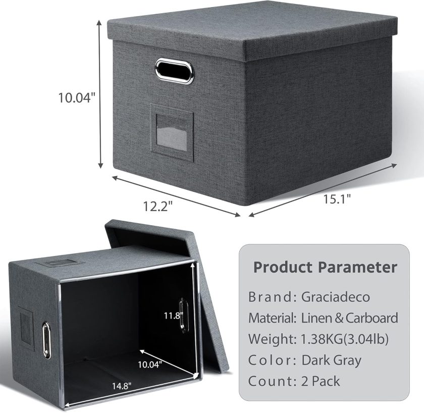 File Organizer, Collapsible Storage Filling Box with Lid for Letter Legal Size Hanging Folders Decorative Linen File Folder Box Document Storage Filing Bin, Dark Gray 2 Pack - Image 2