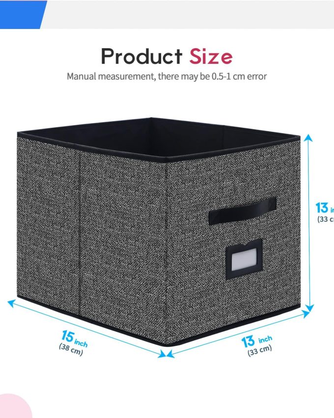 Extra Large Foldable Cloth Storage Cubes 4 Pack with Label Holders - Fabric Storage Bins Baskets Organizers for Home Office Nursery with Handles, 13 L x 15 W x 13 H Inch, Black,