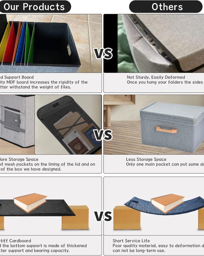 Upgraded Portable File Organizer Box with Lid & Mesh Bags, Collapsible File Box with Reflective Strip & 10 Tabs for Hanging Letter/Legal Folder Storage, Decorative Home/Office Filing Cabinet (Gray)