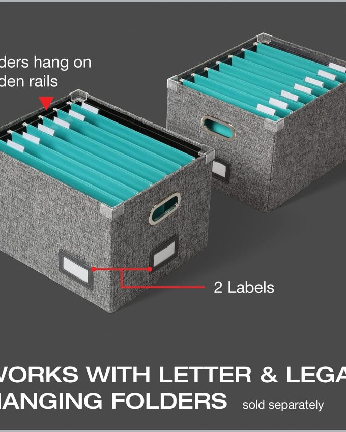 Collapsible File Box with Lid, Includes File Frame for Letter and Legal Hanging File Folders, Metal Handles, Labels, Heather Gray (41790)