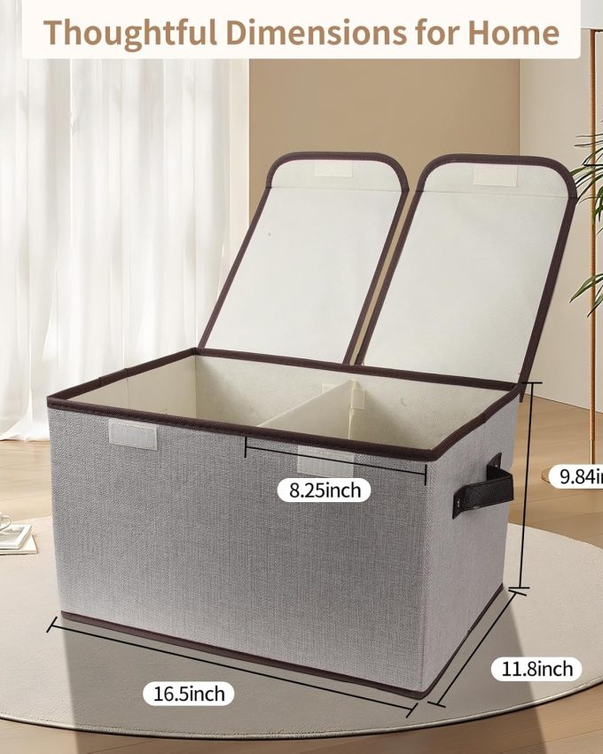 Foldable Fabric Storage Box with Double-Lid & Dividers, Large Organizer for Home, Closet, Office(Grey)