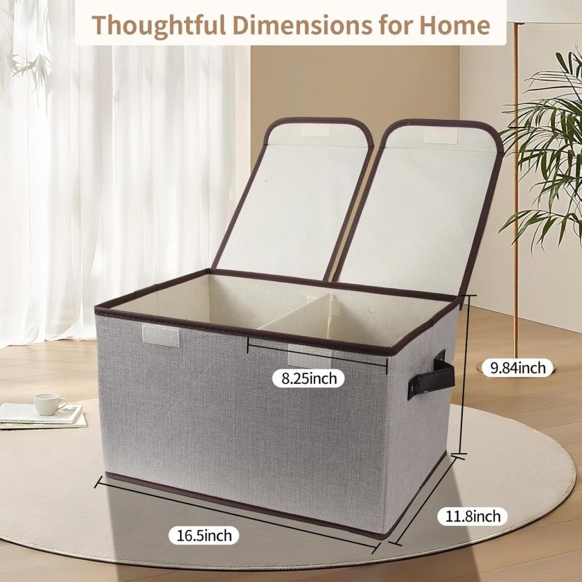 Foldable Fabric Storage Box with Double-Lid & Dividers, Large Organizer for Home, Closet, Office(Grey) - Image 2