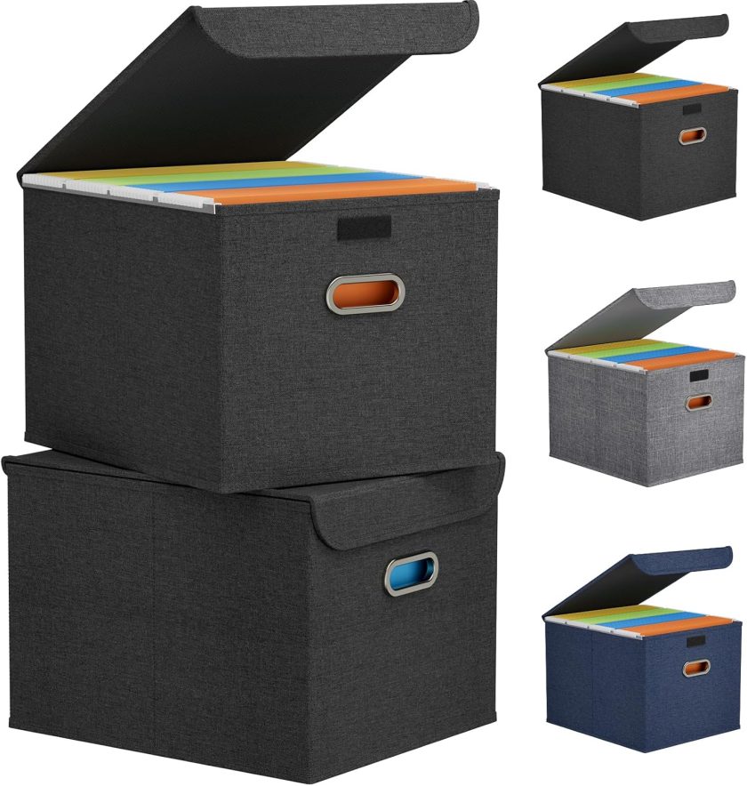 File Organizer Box for A4-sized Hanging File Folders, Portable Storage File Boxes with Plastic Slide, File Boxes Document Storage for School, Home, Office, Folders Storage Dark Gray 2 Pack