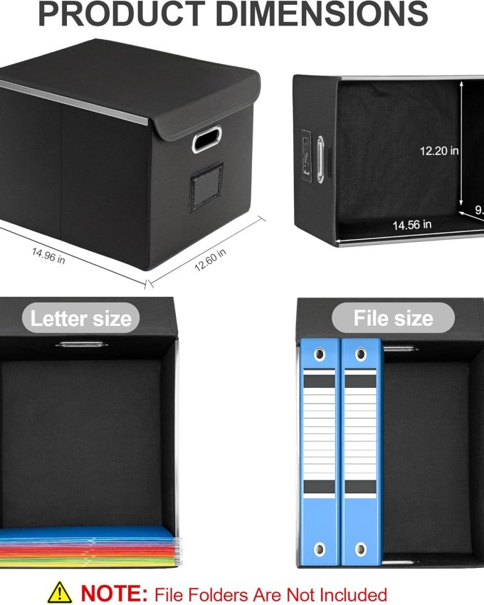 Collapsible File Box with Lid & Plastic Slide - Hanging Document Organizer for Office/Home, 14.96x12.6x10.83 Inch,Black, 1 Pack (No Folders Included)