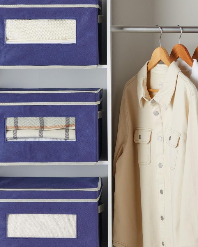 3 Pack Stackable Storage Bins with Lids, Handles, Foldable for Closet Organization (12 Inch, Navy Blue) - Storage Box - Closet Organizer