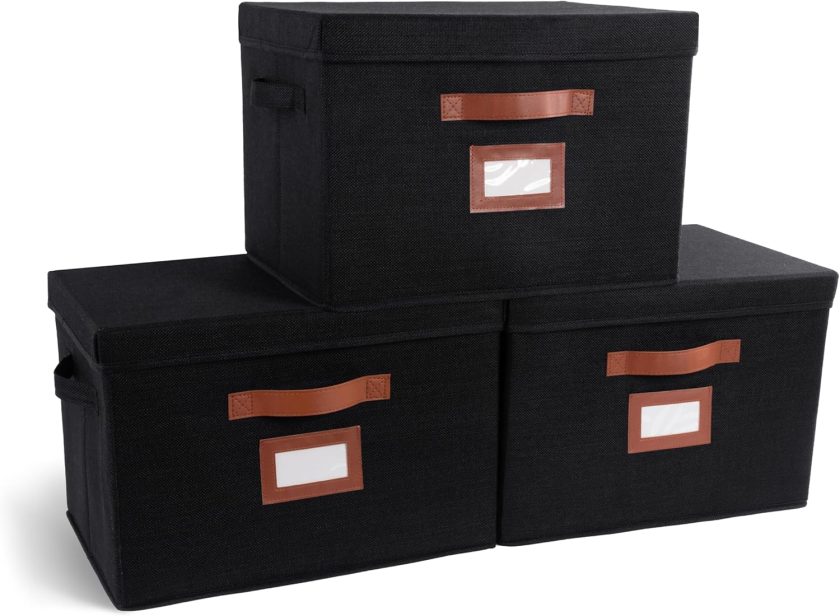 3 Pack Large Fabric Storage Bins with Lid - Decorative Box with Lid, Label Holder, Faux Handles - Large Decorative Storage Boxes with Lids for Organizing Clothes, Blankets - Black