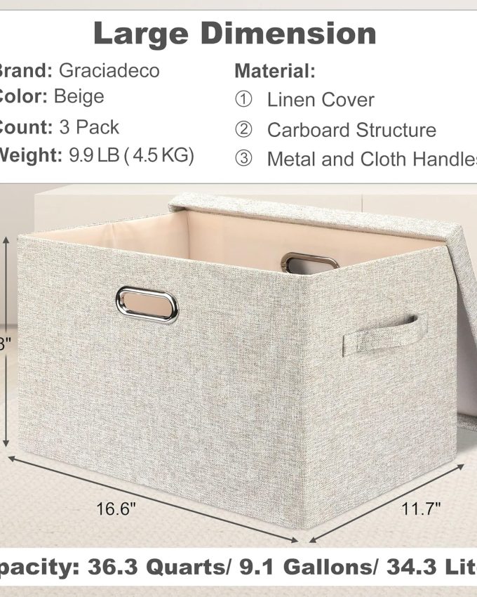 Large 17" 36 Quart Collapsible Stackable Storage Bins with Lids, 3 Packs Beige Linen Fabric Closet Boxes with Lids, Storage Cube Baskets Container Organizers for Bedroom Office(17 x12 x11)
