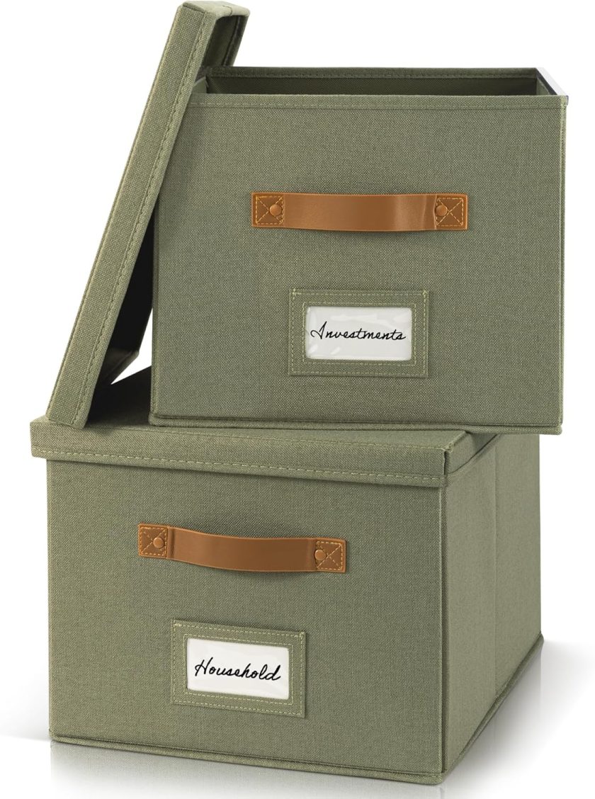 Decorative File Organizer Box Set of 2 - Collapsible Linen Filing Cabinets w/Handles Are Perfect to Store all Your Documents & Hanging File Folders - Portable Easy Slide Crates with Lid