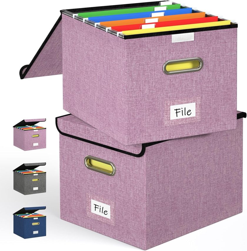 Collapsible File Organizer Box with Lid & Slide Handles, Portable Hanging Folder Storage for Office/Home, Plastic Document File Box with Dividers (2 Pack, Pink)