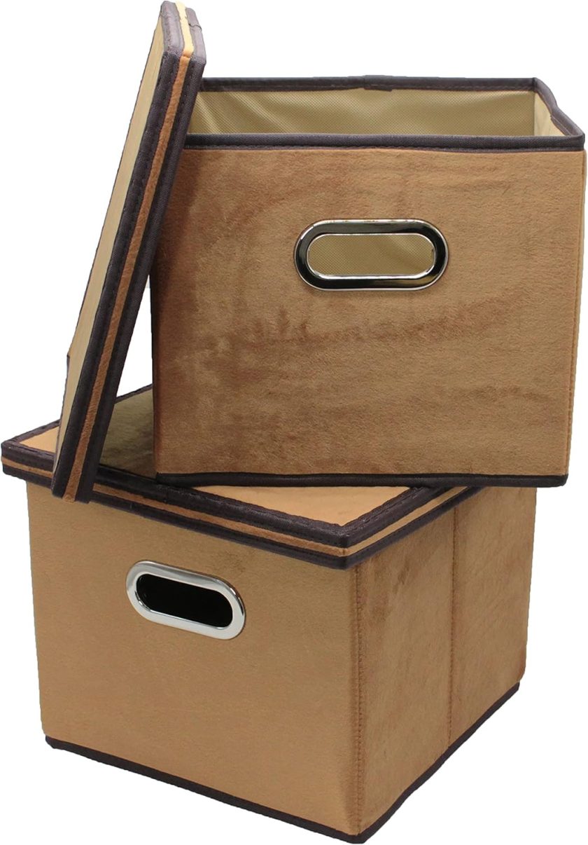 Brown Velvet Fabric Foldable File Cabinet Storage Box Shelf Organizer Hanging File Folder with Lid [2 Pack, Letter Size]