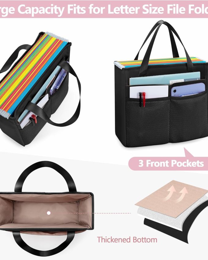 File Folder Tote Bag with Handle, Portable Document Organizer Box for Letter Size File Folder, Folding File Case for Home Office, Black, Large