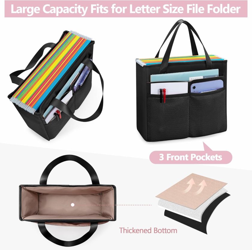 File Folder Tote Bag with Handle, Portable Document Organizer Box for Letter Size File Folder, Folding File Case for Home Office, Black, Large - Image 2