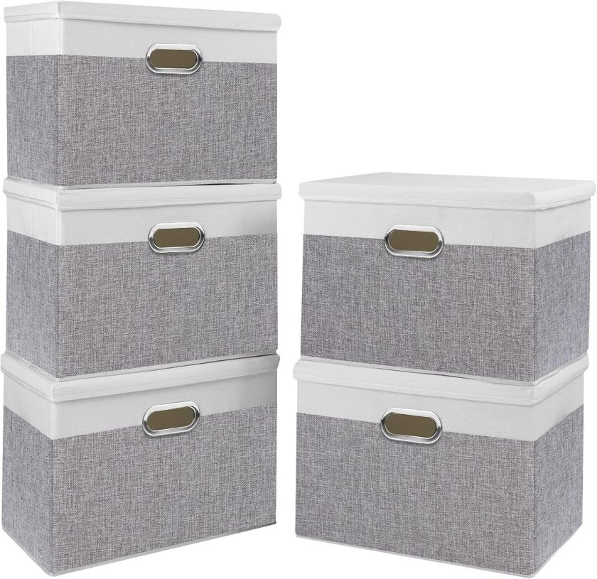 Storage Bins with Lids, Fabric Foldable Boxes with 2 Metal Handles, Waterproof Basket, Closet Organizers, White/Gray, 15''Lx9.8''Wx9.8''H, 5-Pack