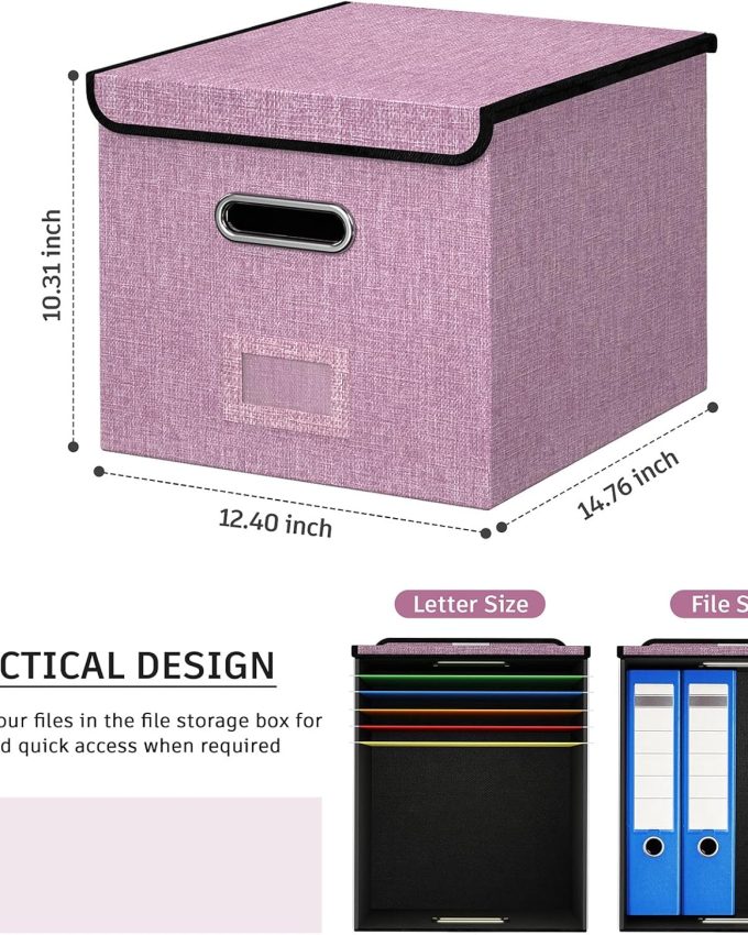 Collapsible File Organizer Box with Lid & Slide Handles, Portable Hanging Folder Storage for Office/Home, Plastic Document File Box with Dividers (2 Pack, Pink)