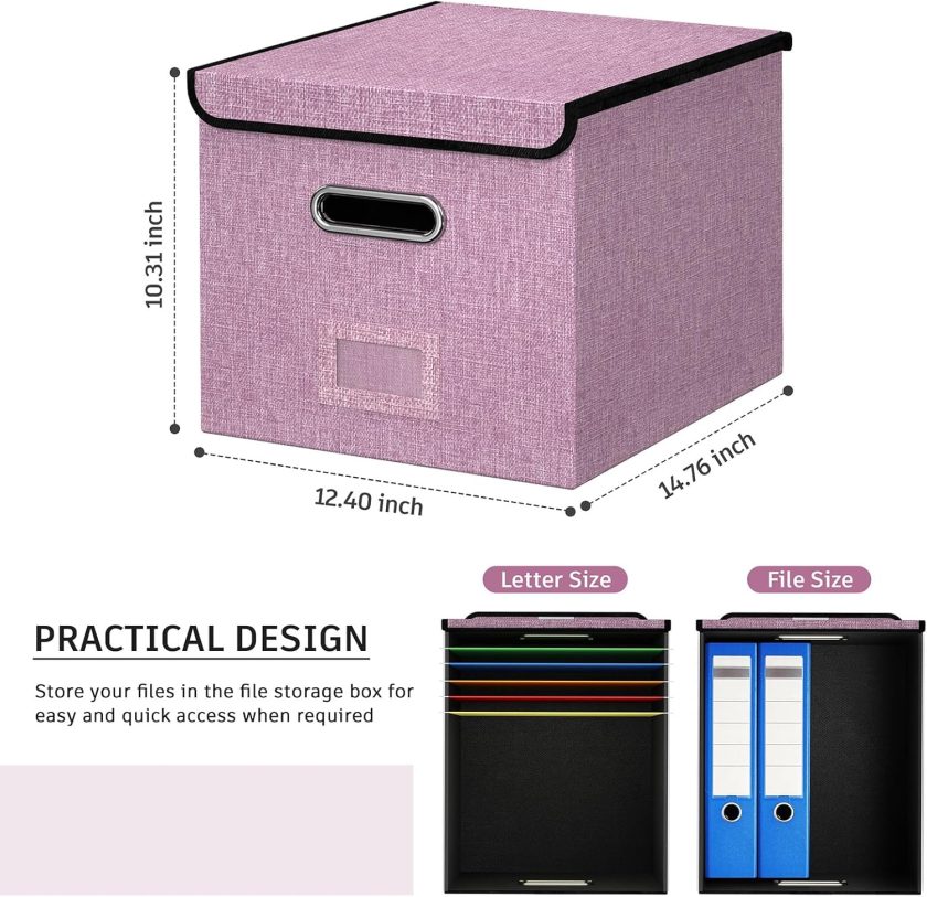 Collapsible File Organizer Box with Lid & Slide Handles, Portable Hanging Folder Storage for Office/Home, Plastic Document File Box with Dividers (2 Pack, Pink) - Image 2
