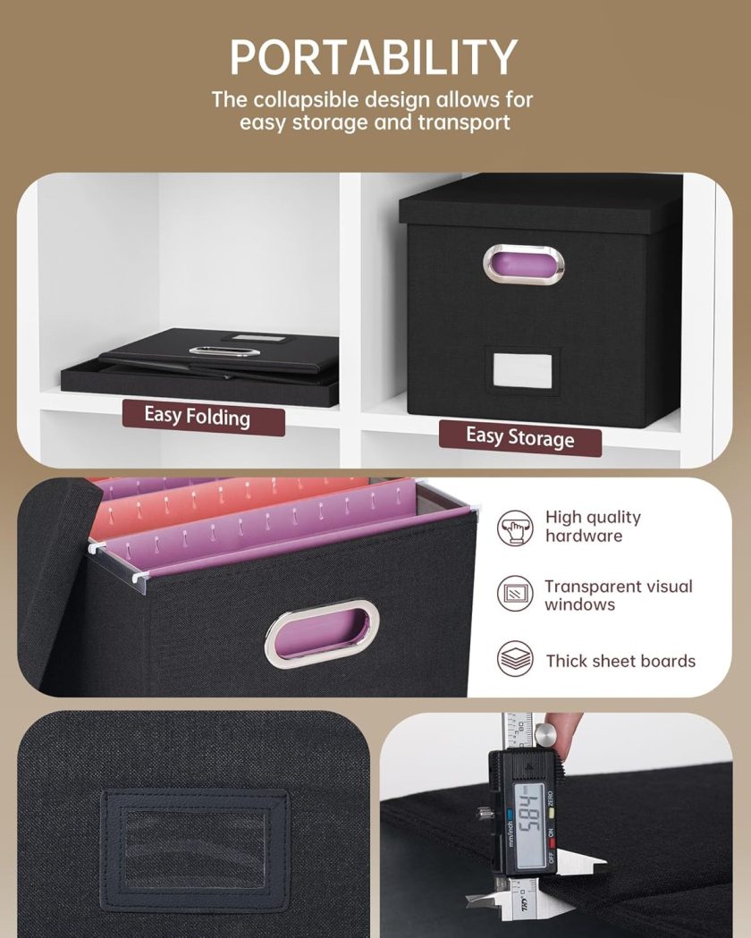 2 Pack File Storage Organizer, Filing Box, Portable File Box with Lid, Fit for Letter/Legal File Folder Storage, Document Organizer, Black - Image 2