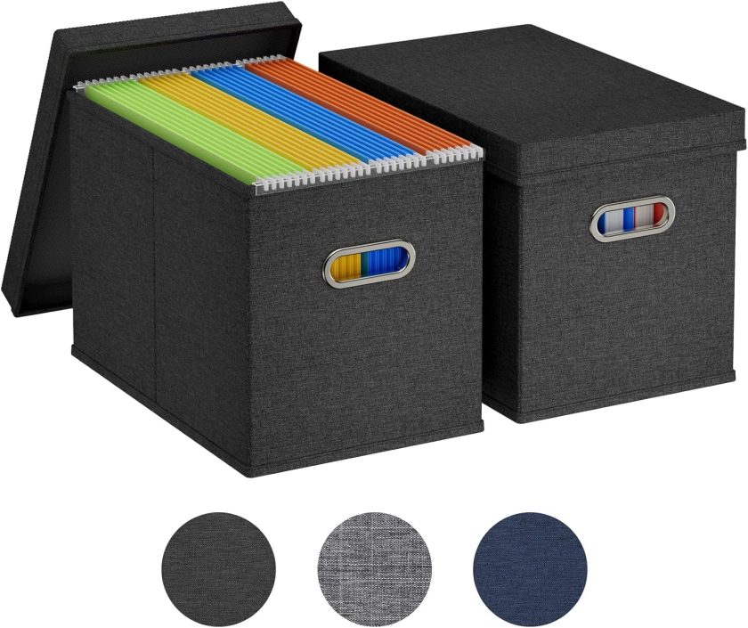 2 Pack File Organizer Box for A4-sized Hanging File Folders, Portable Document Storage with Plastic Slide, File Folder Organizer Storage Boxes for Office, School, Home, Storage Bins Dark Gray