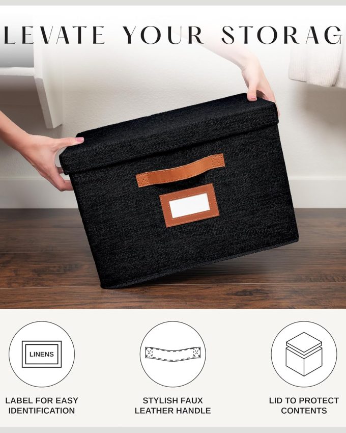 3 Pack Large Fabric Storage Bins with Lid - Decorative Box with Lid, Label Holder, Faux Handles - Large Decorative Storage Boxes with Lids for Organizing Clothes, Blankets - Black